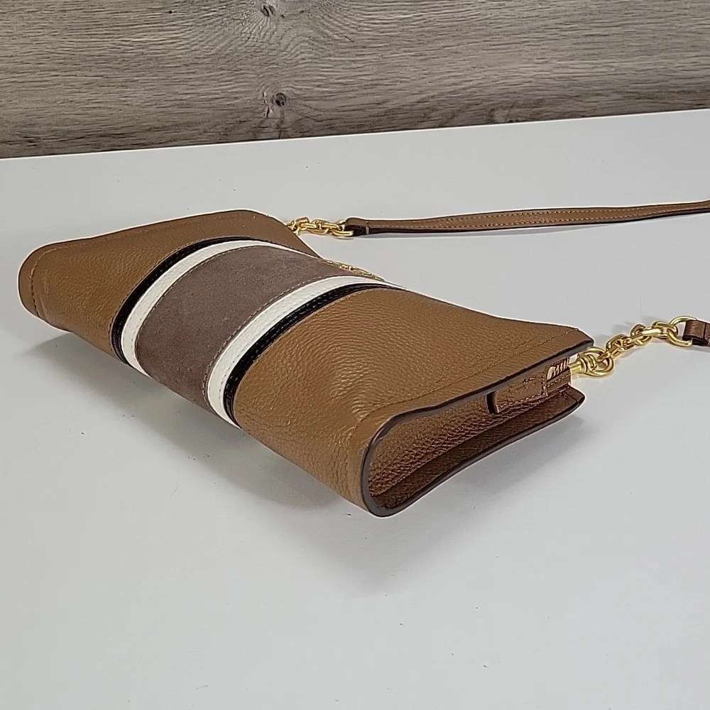 Tory Burch Brown Leather Crossbody Bag with Striped Accent